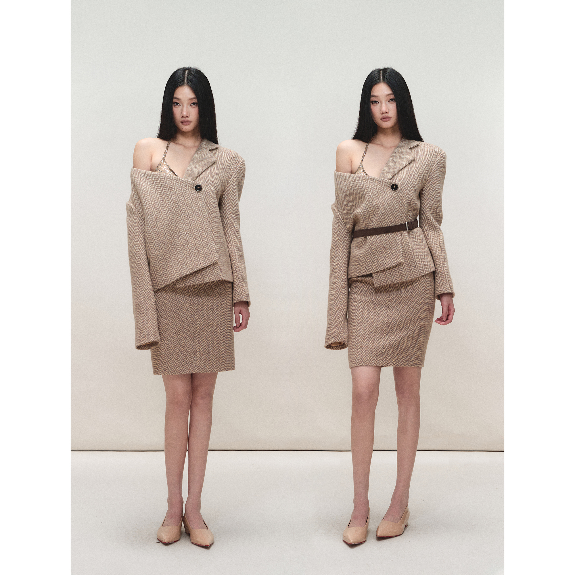 PEMPL氛围暖冬无弹宽松斜肩毛呢长袖外套&包臀人字纹修身半裙套装