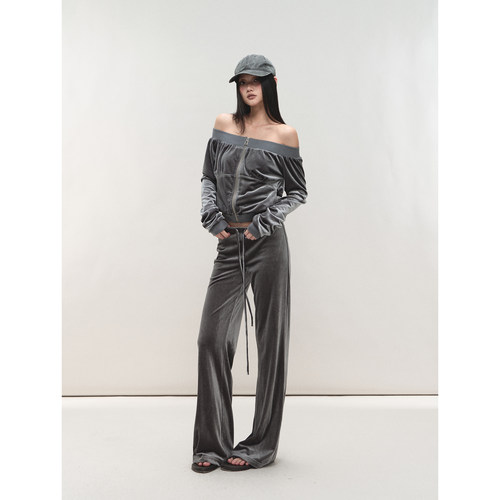 一字肩上衣丝绒外套休闲长裤套装