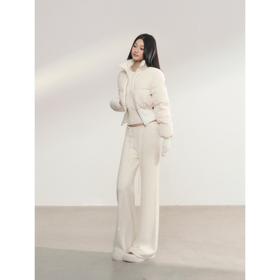 PEMPL 短款宽松针织拼接黑色羊毛外套女保暖立领90白鸭绒羽绒服