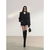 PEMPL·黑色正肩双排扣戗驳领毛呢外套女短款 系带保暖加厚上衣