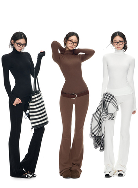 PEMPL 基础款高领软糯亲肤磨毛打底针织衫女修身弹力微喇裤套装