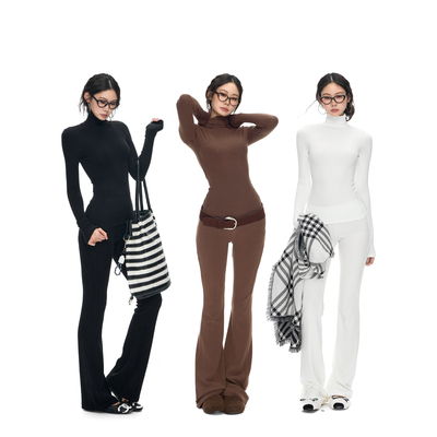 PEMPL 基础款高领软糯亲肤磨毛打底针织衫女修身弹力微喇裤套装