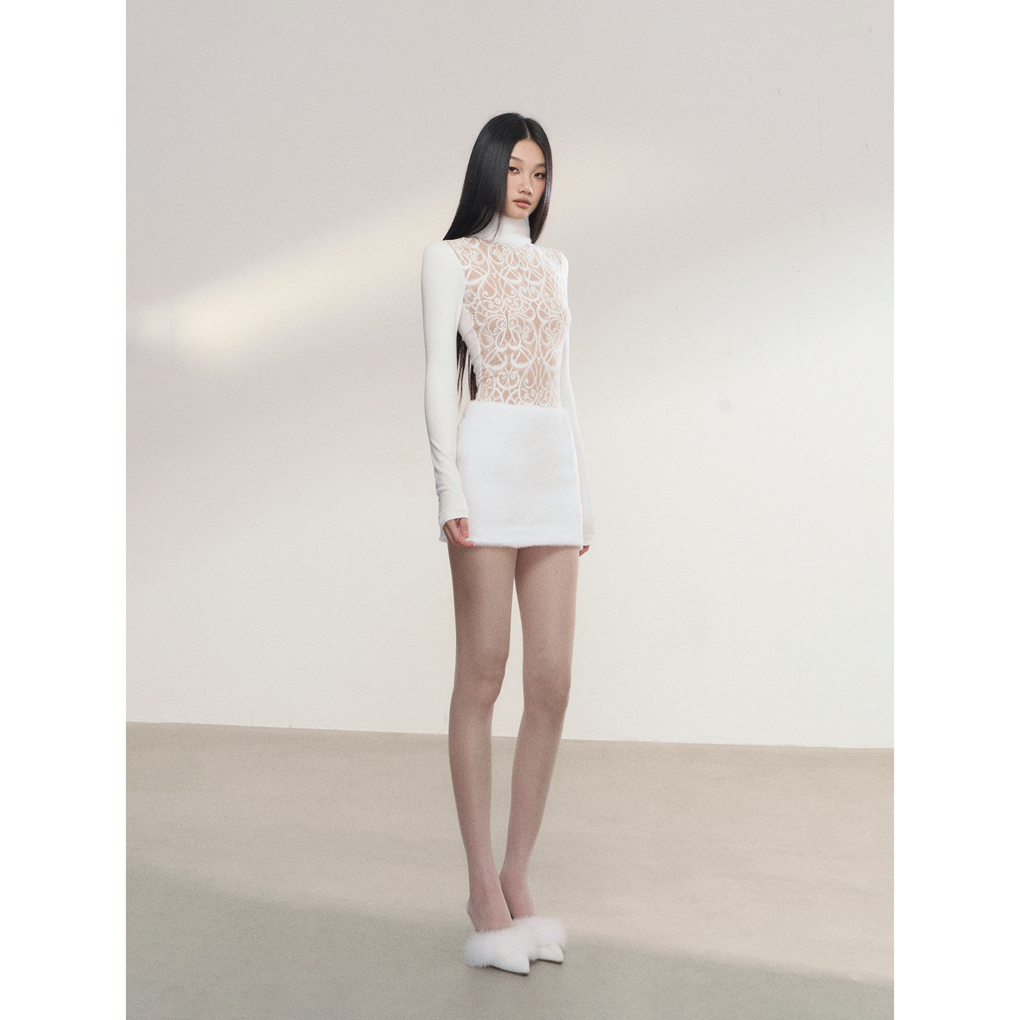 PEMPL· 修身弹力长袖蕾丝拼接针织包臀裙毛毛立领辣妹性感连衣裙