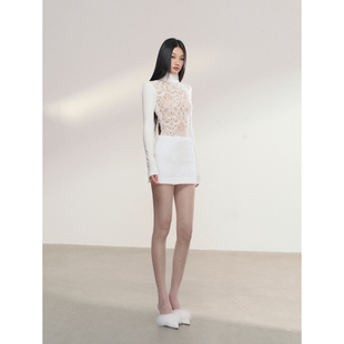 蕾丝拼接针织包臀裙毛毛立领辣妹性感连衣裙 弹力长袖 PEMPL· 修身