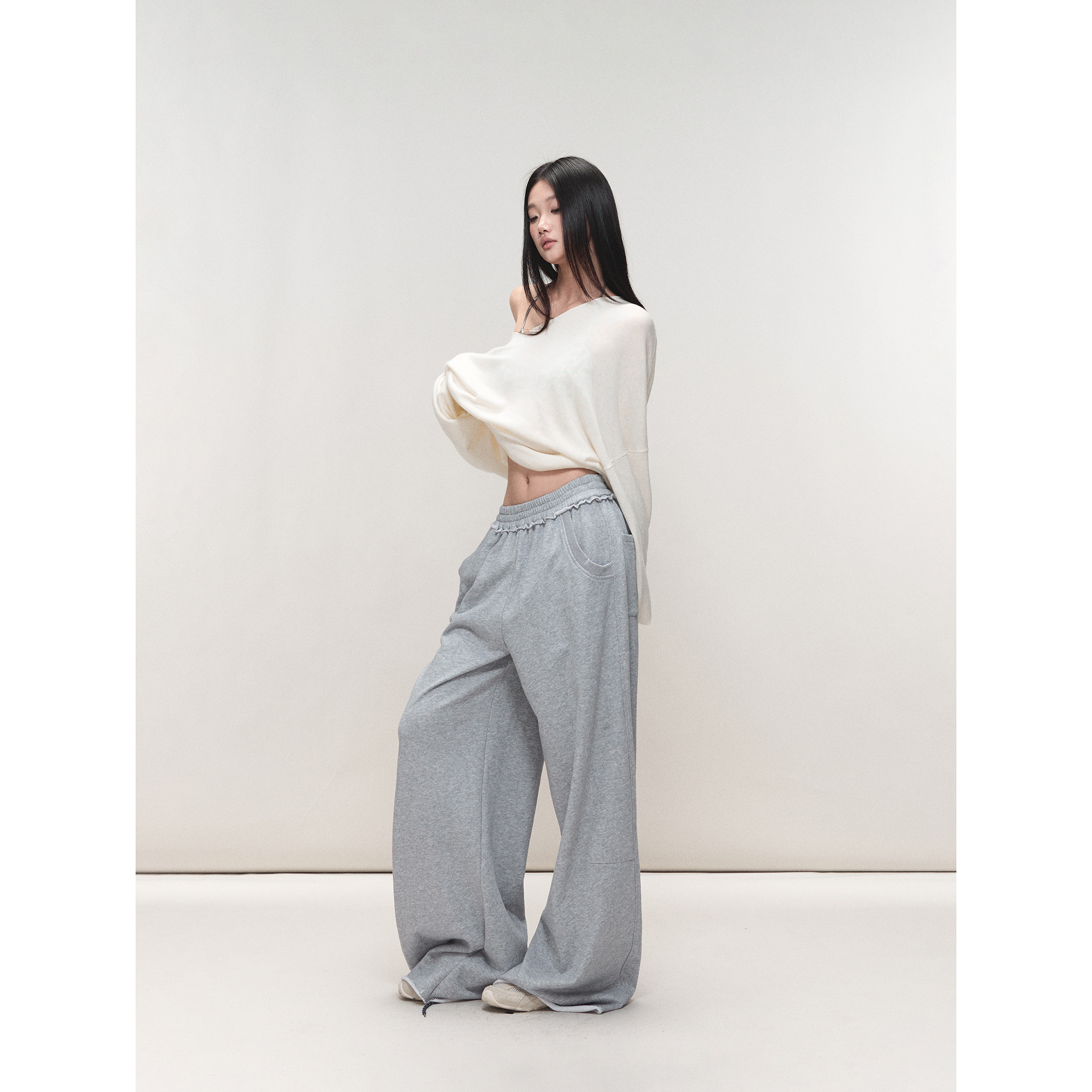 PEMPL 腰头毛边设计直筒休闲裤女灰色拖地阔腿运动裤弹力宽松卫裤