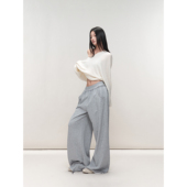 PEMPL 弹力宽松卫裤 腰头毛边设计直筒休闲裤 女灰色拖地阔腿运动裤