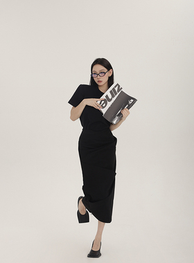 PEMP 半身裙女春季新款黑色系低腰包臀裙 设计感异形包裹修身长裙