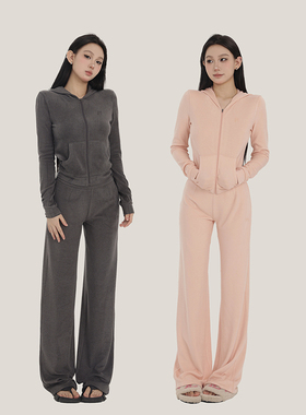 PEMPL 时尚套装女春季上新显瘦双色针织连帽外套直筒长裤子两件套