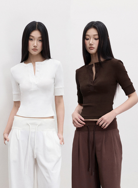 PEMPL·夏季新款五分袖收腰弹力针织T恤女修身短袖亨利衫掐腰上衣