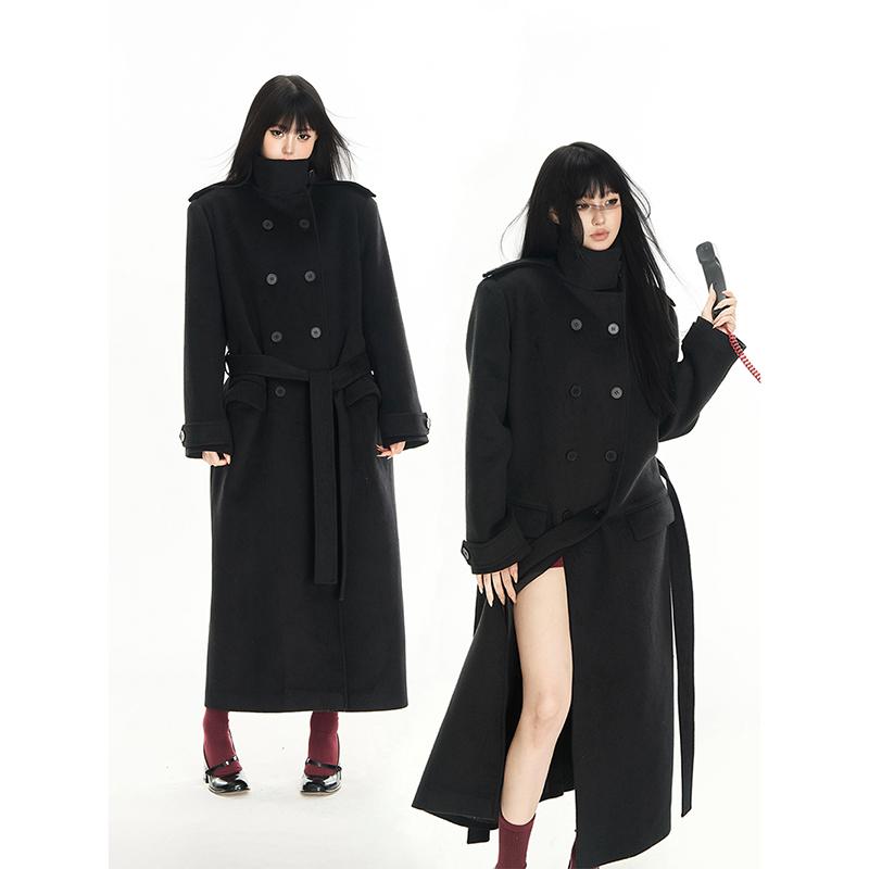 经典黑灰色女士简约休闲毛呢外套