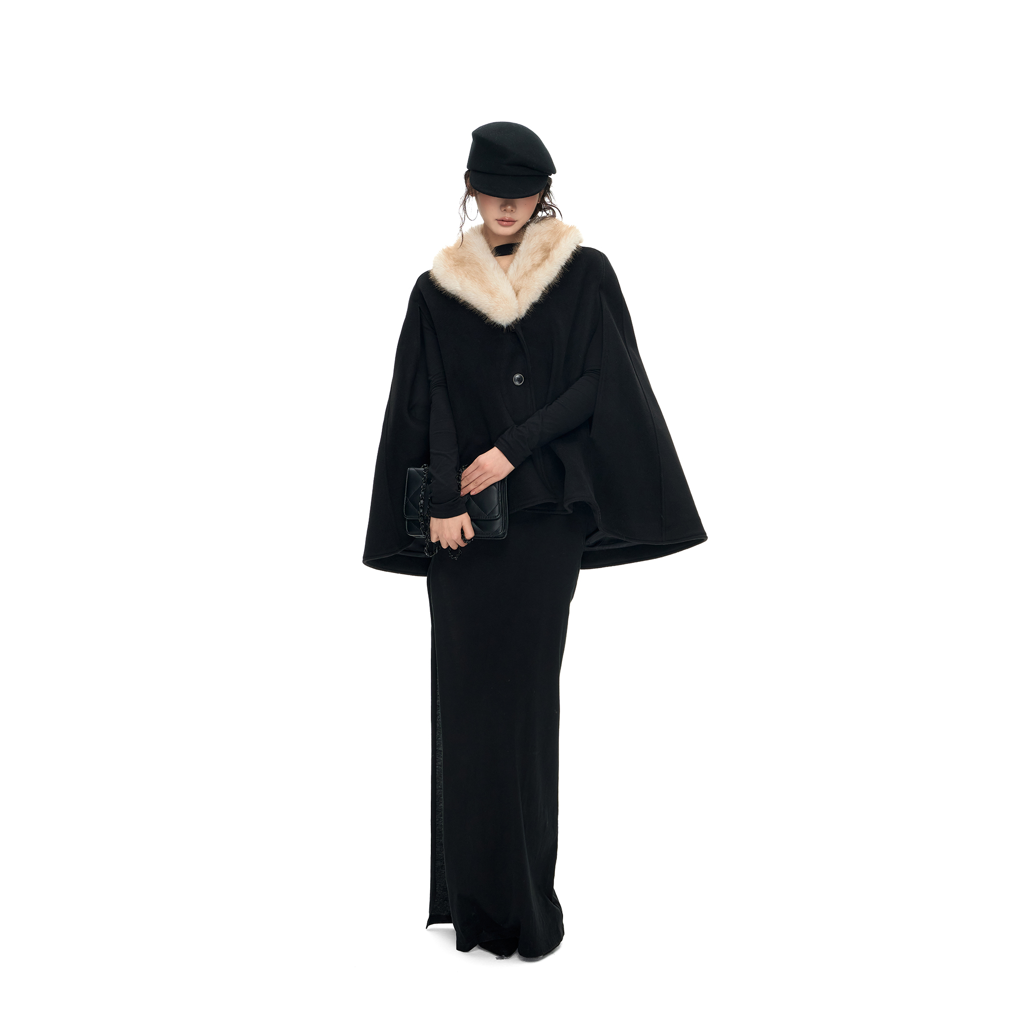 PEMPL 原创设计可拆卸毛领高克重保暖毛呢外套女宽松披肩斗篷大衣