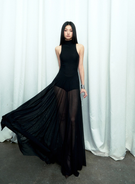 PEMPL 微透网纱拼接连衣裙修身立领针织背心长裙 连体内衬内搭