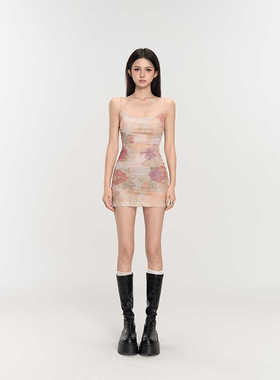 PEMPL 复古扎染印花连衣裙女夏季修身吊带裙纯欲辣妹性感包臀短裙