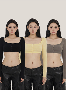 PEMPL三色长袖超短针织衫女春季新款修身套头打底衫百搭u领上衣潮