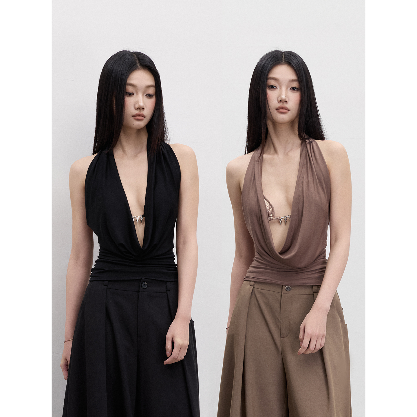 PEMPL·莫代尔透气挂脖吊带腰部抽皱修身露背高级设计感荡领上衣