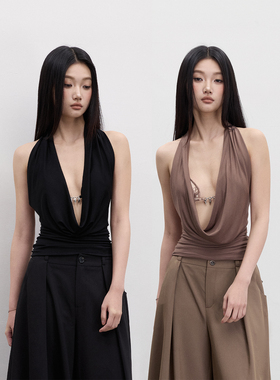 PEMPL·莫代尔透气挂脖吊带腰部抽皱修身露背高级设计感荡领上衣