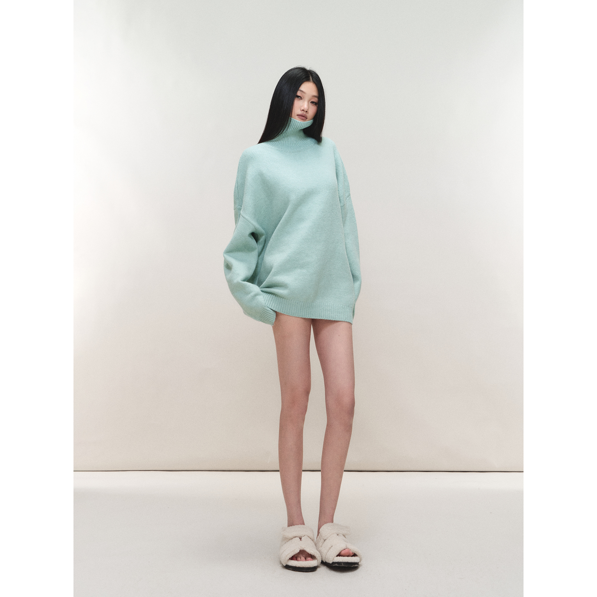 PEMPL·保暖针织纯色宽松高领毛衣廓形落肩弹力遮臀上衣