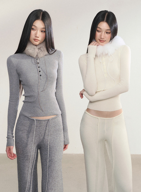 PEMPL 保暖纯色坑条针织衫女修身弹力长袖T恤收腰内搭打底衫上衣