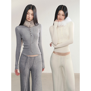 PEMPL 保暖纯色坑条针织衫女修身弹力长袖T恤收腰内搭打底衫上衣