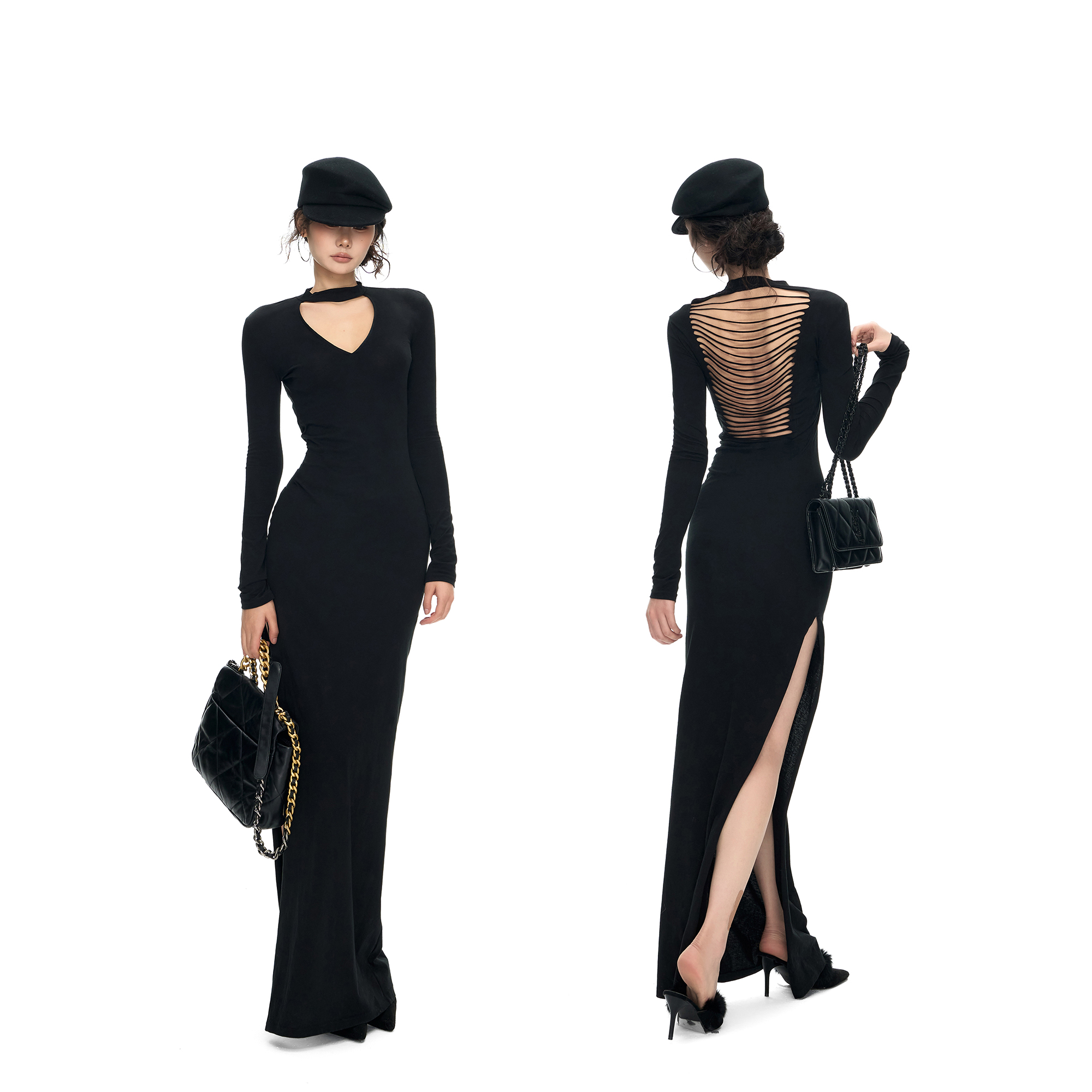 PEMPL原创设计感收腰修身v领针织长裙女后背切割性感侧开衩连衣裙