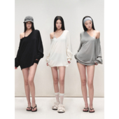 罩衫 PEMPL慵懒风宽松休闲毛衣V领斜肩上衣女柔软亲肤中长款 针织衫