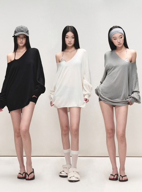 PEMPL慵懒风宽松休闲毛衣V领斜肩上衣女柔软亲肤中长款针织衫罩衫