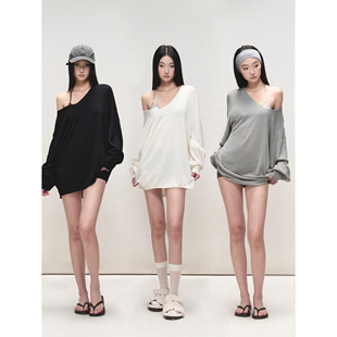 PEMPL慵懒风宽松休闲毛衣V领斜肩上衣女柔软亲肤中长款针织衫罩衫