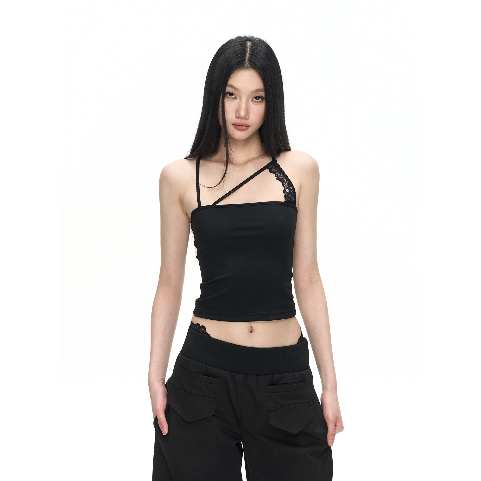 PEMPL 不对称拼接蕾丝修身弹力针织吊带内衣背心女三角内裤套装