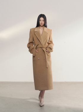 PEMPL 正肩西装领垫肩系带收腰毛呢外套女宽松棕色中长款呢子大衣