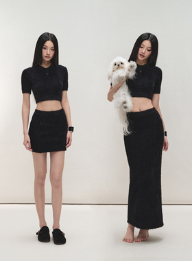 PEMPL 亲肤软糯修身马海毛POLO领上衣女包臀长裙子半身裙针织套装