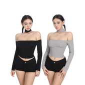 双色挂脖露肩打底衫 女春夏新款 修身 PEMPL 显瘦一字肩长袖 内搭上衣