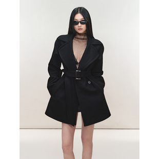 PEMPL·大翻领包臀中长款羊毛呢子大衣系带收腰宽松无弹毛呢外套