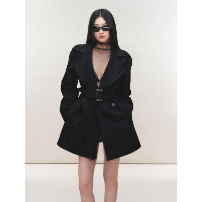 PEMPL·大翻领包臀中长款羊毛呢子大衣系带收腰宽松无弹毛呢外套