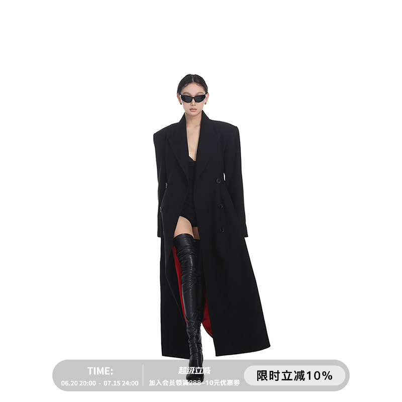 PEMPL 毛呢外套女秋冬新款侧开叉风衣修身显瘦中长款双排扣呢大衣