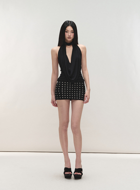 PEMPL 荡领挂脖针织背心裙女修身弹力性感铆钉烫钻短款包臀连衣裙