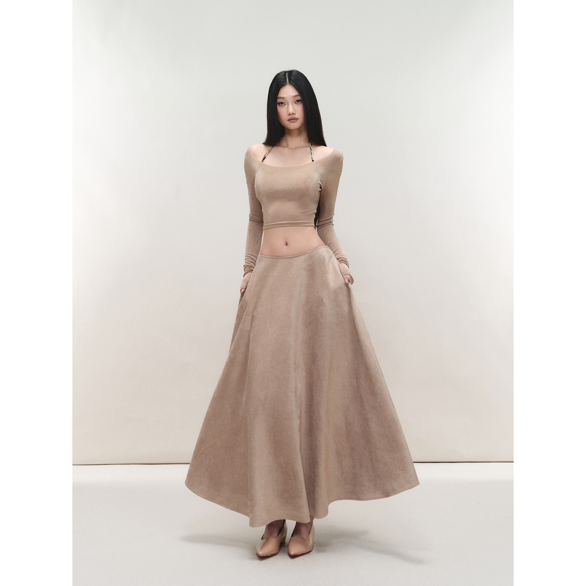 PEMPL·麂皮宽松低腰无弹半身长裙圆领修身高腰弹力针织打底上衣