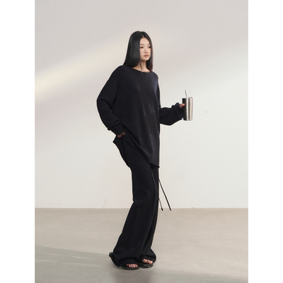 PEMPL·慵懒风休闲宽松斜肩圆领两穿针织罩衫女低腰直筒长裤套装