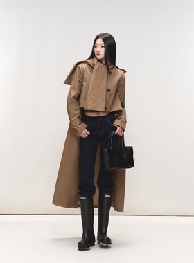 PEMPL 前短后长设计感披风大衣休闲宽松卡其色中长款风衣外套女
