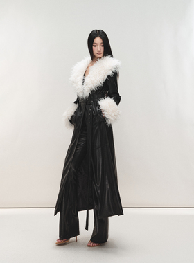 PEMPL·腰带收腰修身毛领拼皮长外套暖冬系带防风皮衣