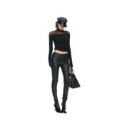 PEMPL 针织羊绒上衣女假两件小脚PU皮裤 性感修身 弹力网纱拼接长袖