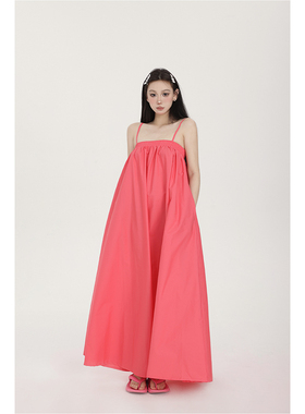 PEMPL 吊带连衣裙女粉红色度假风清爽松紧胸方领宽松长款显瘦裙子