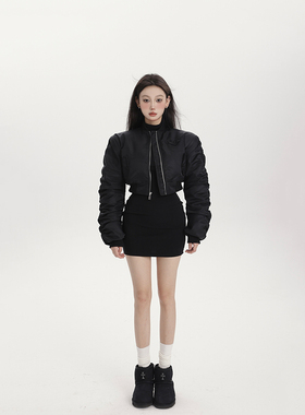 PEMPL 短款外套女春季新款机车夹克垫肩挺阔版型夹棉保暖厚飞行服