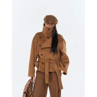 PEMPL 柏林傍晚立领双门襟短款呢大衣女冬绑带宽松英伦风廓形外套