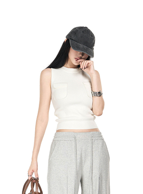 PEMPL·基础法则 白色针织立体贴袋背心修身收腰显瘦春季无袖上衣