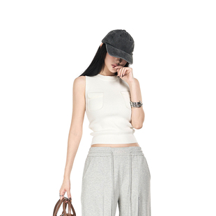 无袖 收腰显瘦春季 上衣 白色针织立体贴袋背心修身 PEMPL·基础法则