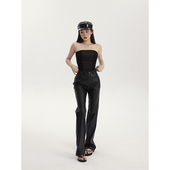 PEMPL 春夏显瘦百搭直筒长裤 休闲裤 女高腰极简微哑光质感直筒皮裤