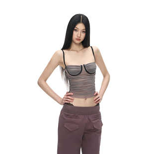 PEMPL 吊带背心 黑紫撞色设计感网纱褶皱修身