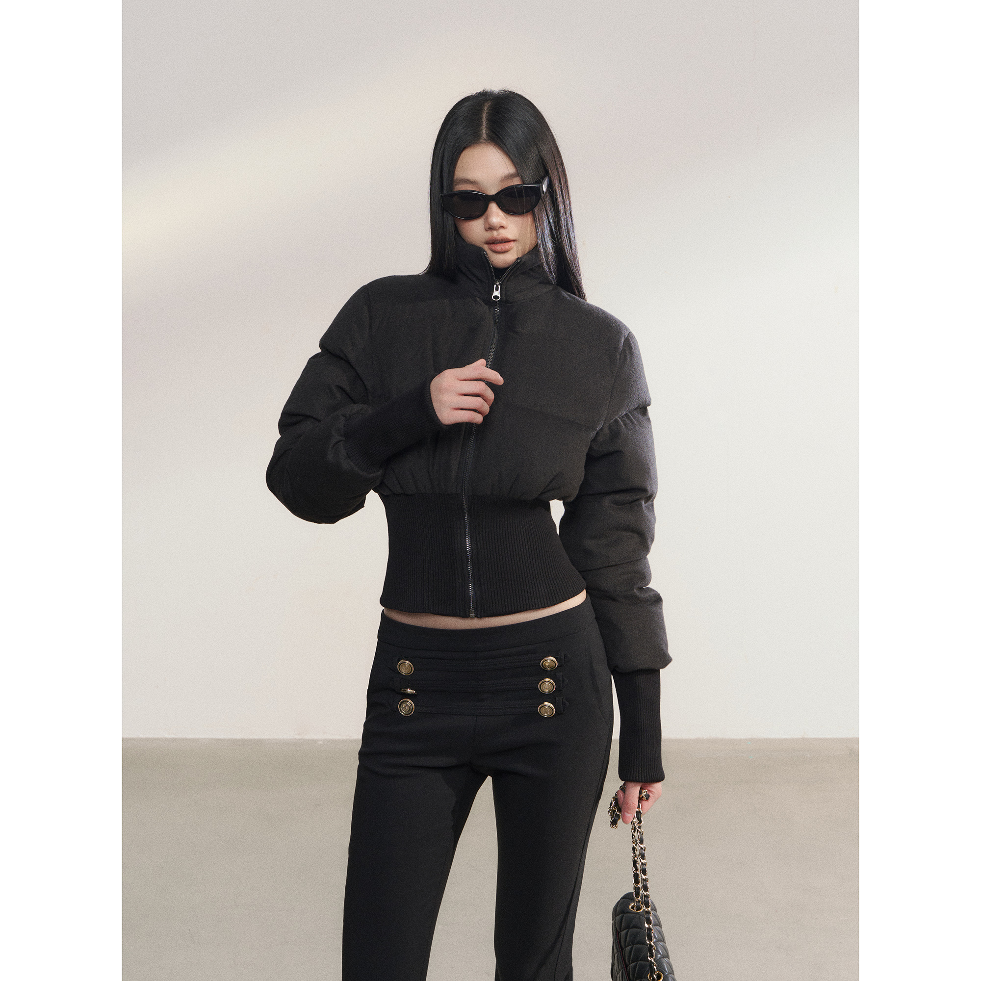 PEMPL 短款宽松针织拼接黑色羊毛外套女保暖立领90白鸭绒羽绒服