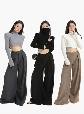 PEMPL 休闲裤女春季新款高腰宽松显瘦阔腿裤百搭西装裤直筒拖地裤