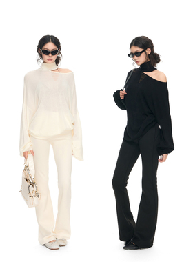 PEMPL 原创设计感高领露肩不规则薄款针织上衣女性感微透宽松罩衫